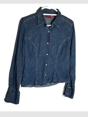 Banana Republic Shirt Womens 8 Pearl Snap Blue Chambray French Cuffs 100% Cotton